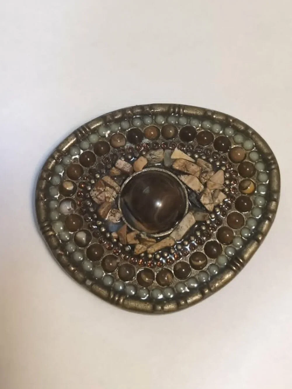 Vintage Stone Bronze Belt Buckle Brown Agate Cabochon Earthy Tones Southwestern